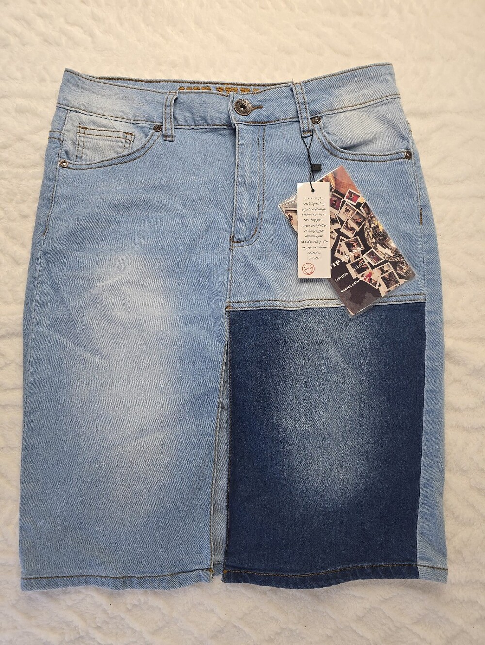 VIP Jeans Colorblock Denim Pencil Skirt Light Wash Blue Front Slit Y2K L NWT